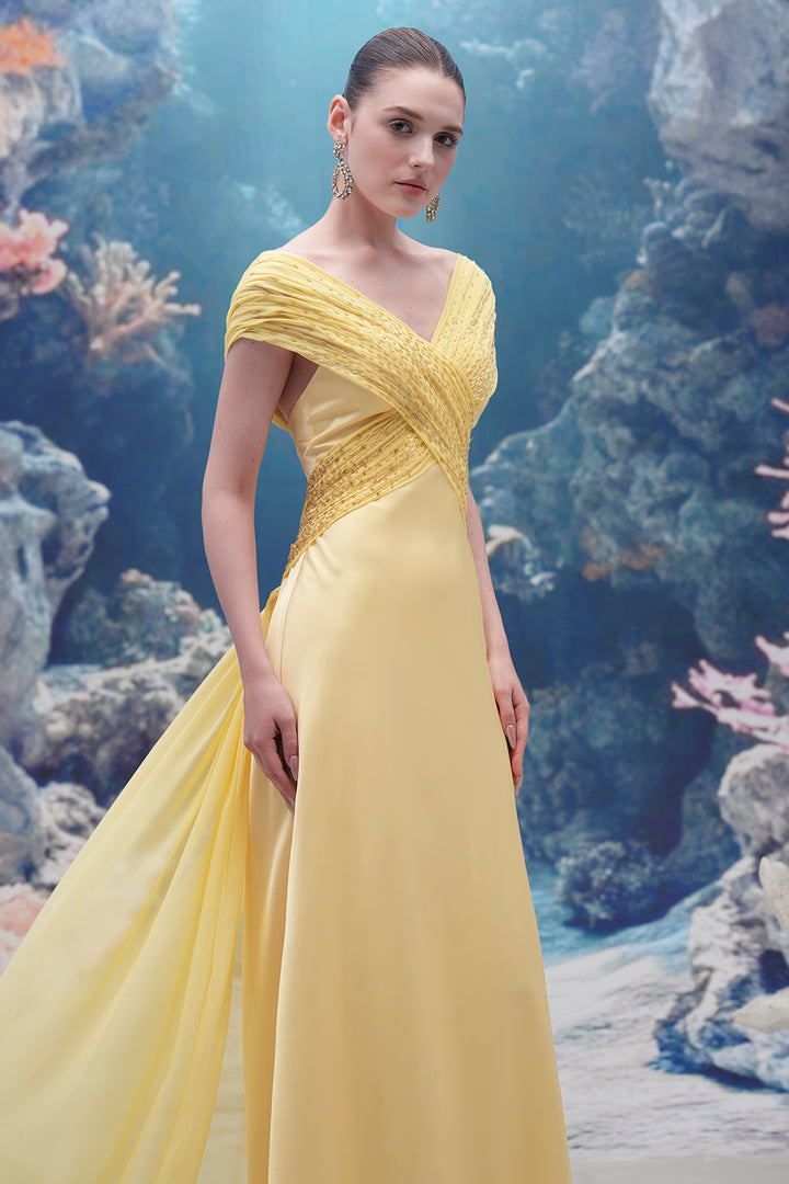 Wavy Bodice Silk and Chiffon V-neck Dress