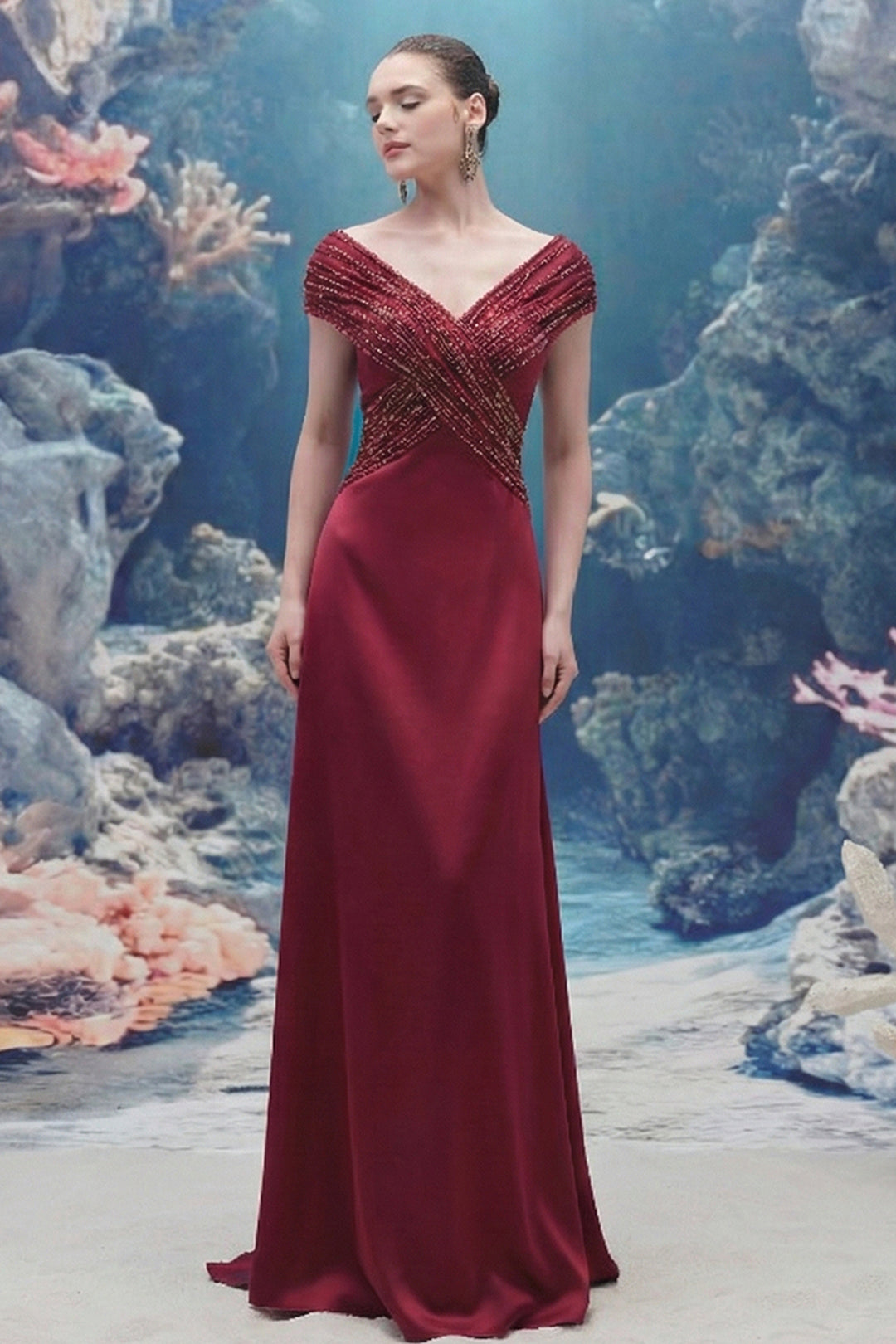 Wavy Bodice Silk and Chiffon V-neck Dress