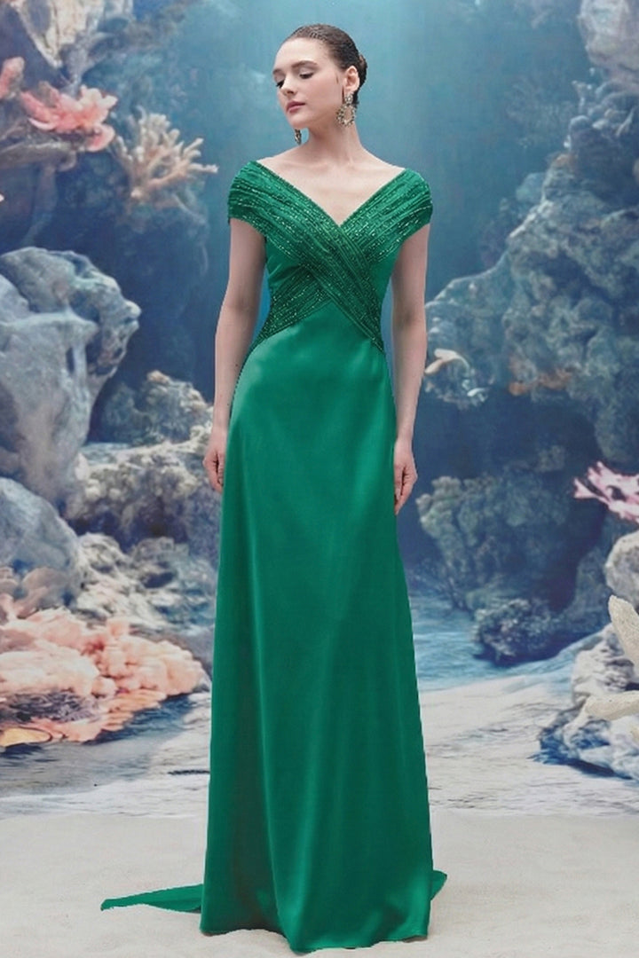Wavy Bodice Silk and Chiffon V-neck Dress