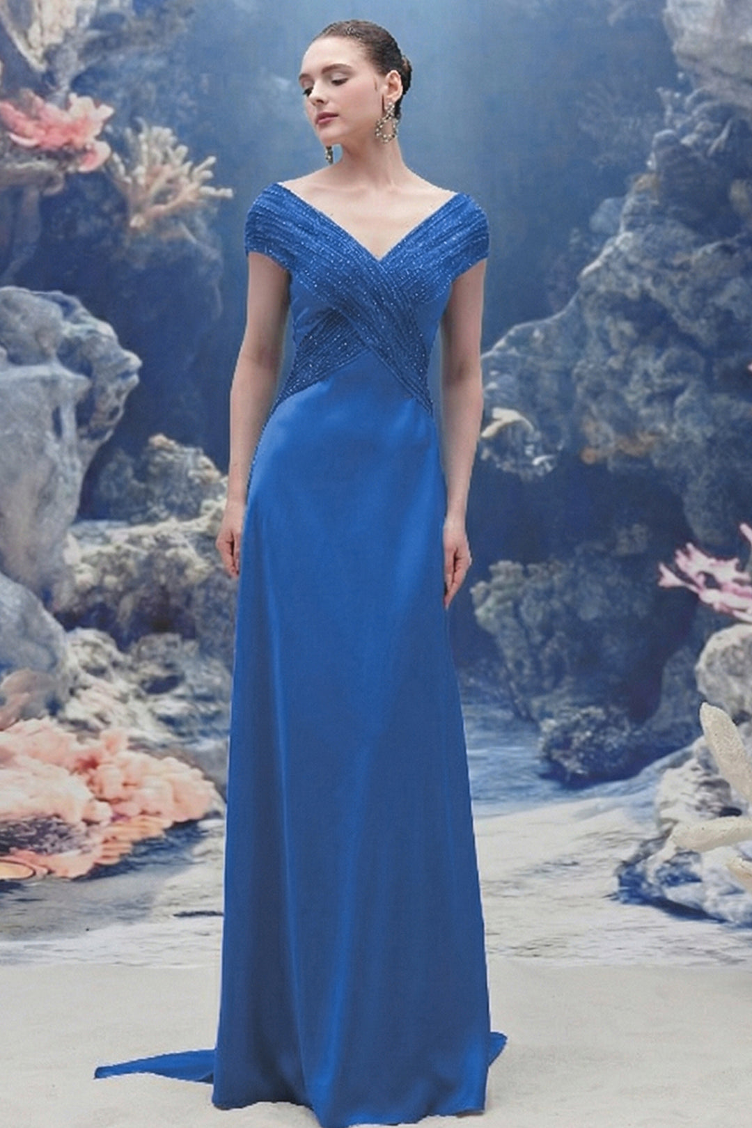 Wavy Bodice Silk and Chiffon V-neck Dress