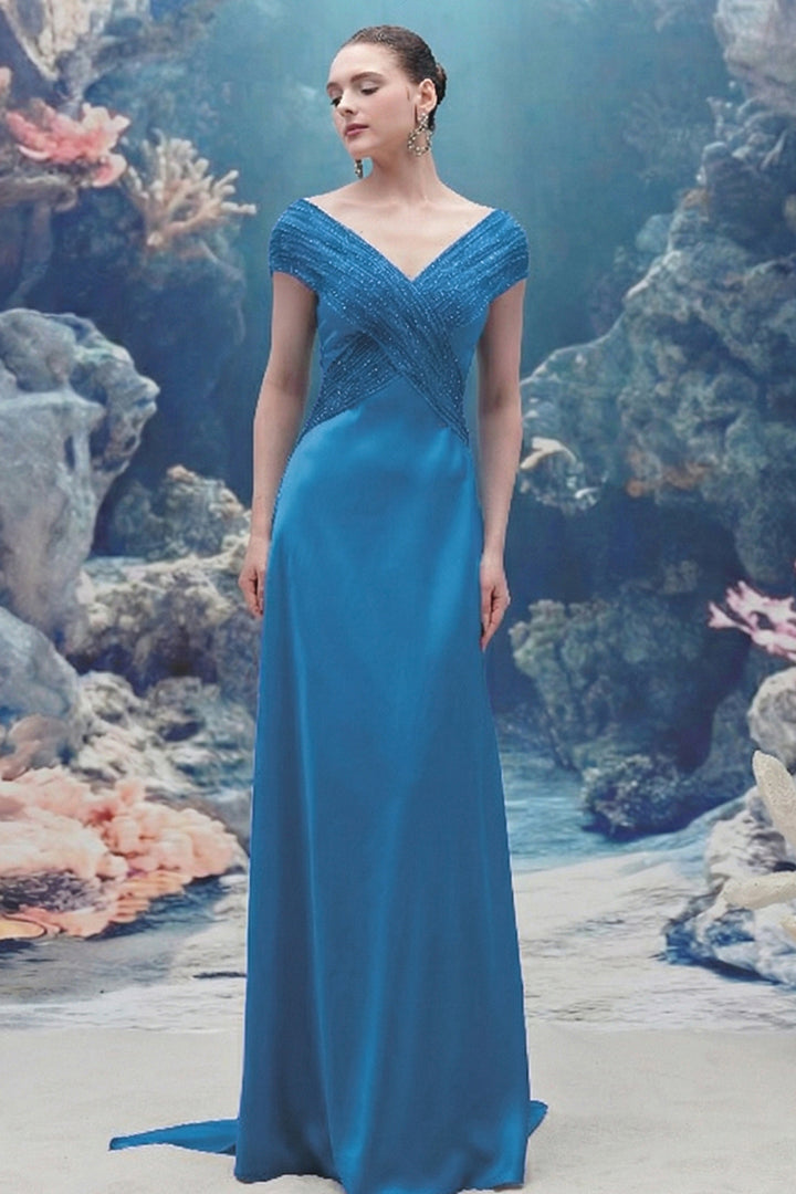 Wavy Bodice Silk and Chiffon V-neck Dress