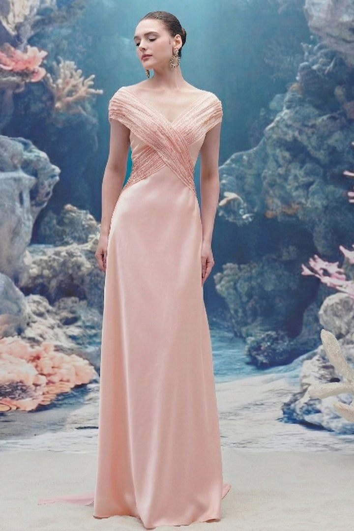 Wavy Bodice Silk and Chiffon V-neck Dress
