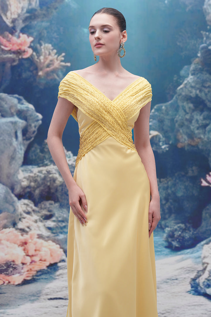 Wavy Bodice Silk and Chiffon V-neck Dress