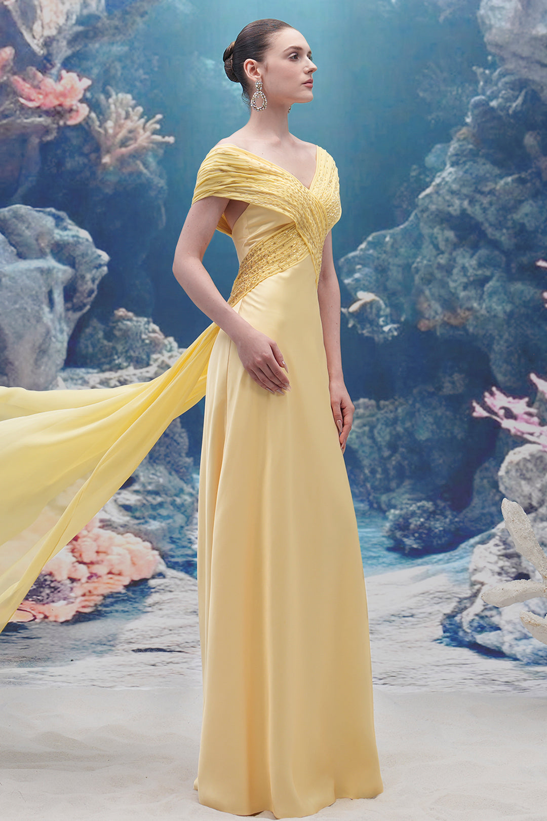 Wavy Bodice Silk and Chiffon V-neck Dress