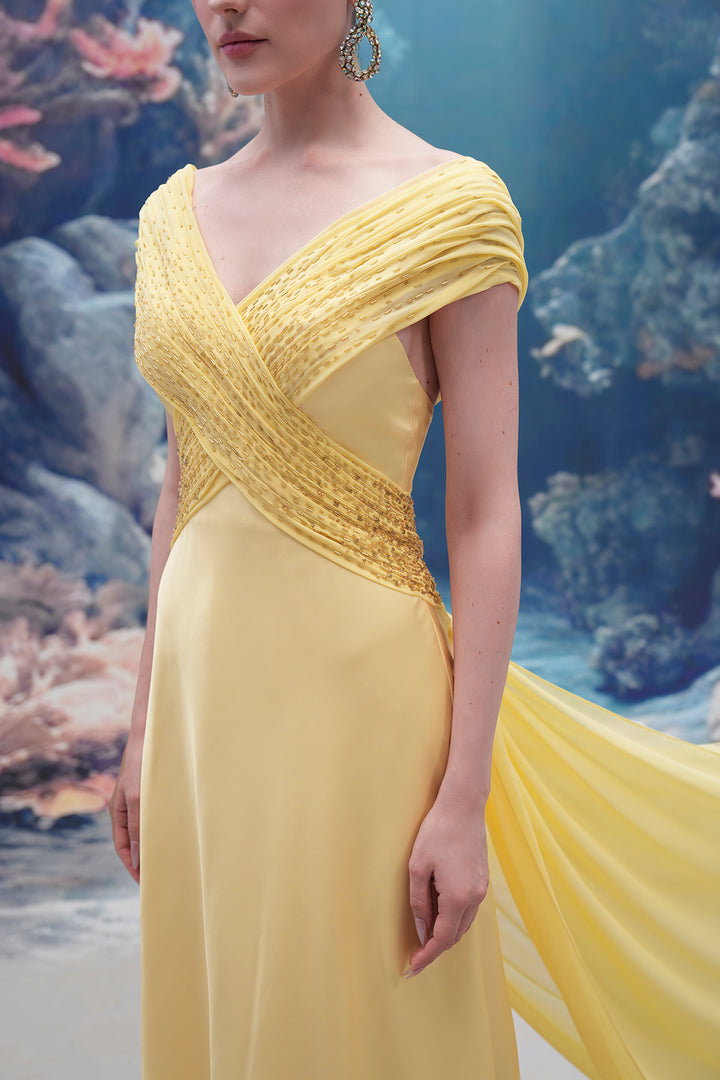 Wavy Bodice Silk and Chiffon V-neck Dress