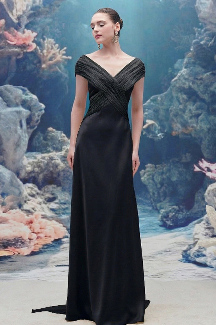 Wavy Bodice Silk and Chiffon V-neck Dress