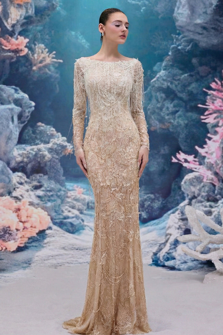 Bateau Neck Long-Sleeved Dress