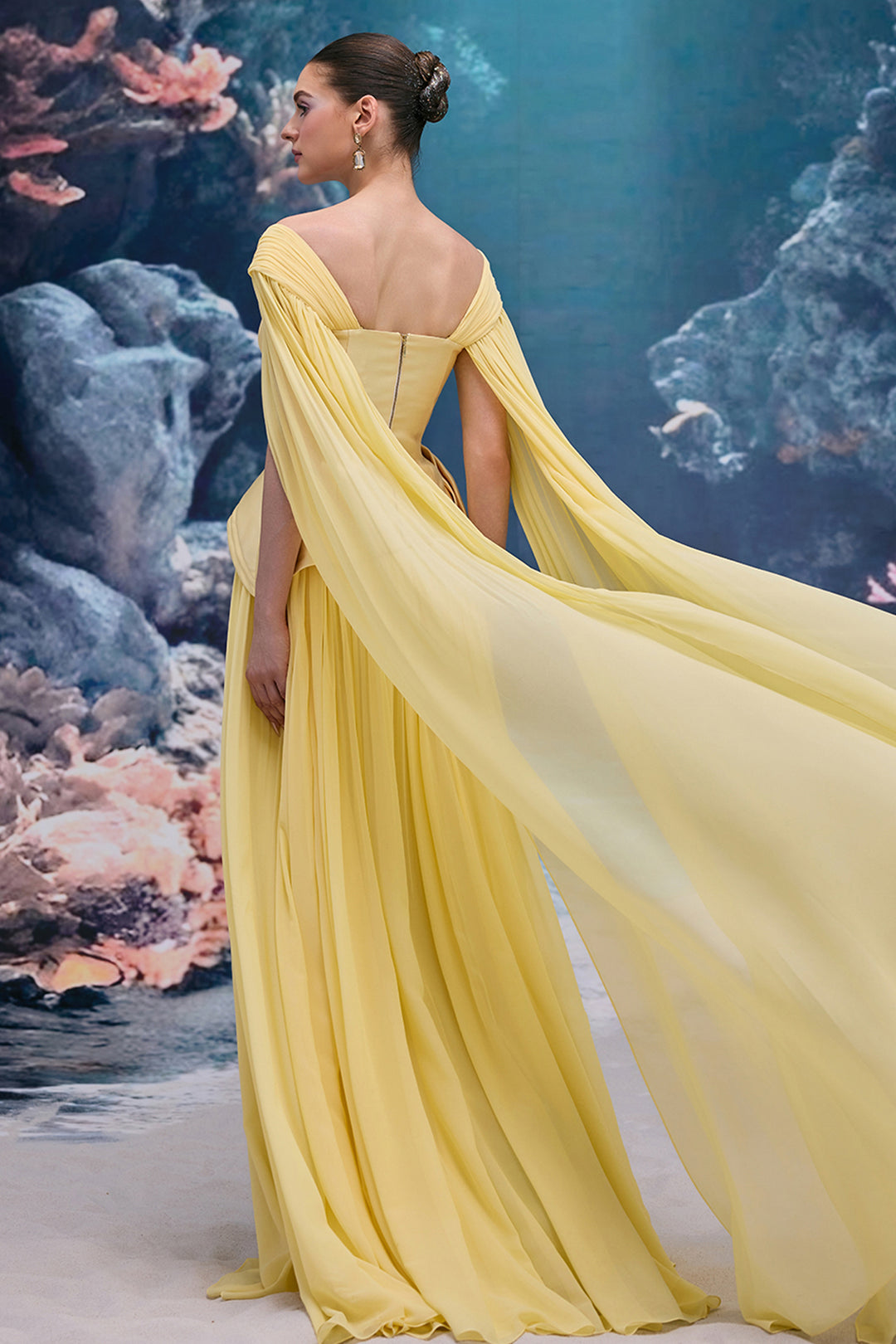 Asymmetrical Draped Taffeta Dress with Crystal Strand