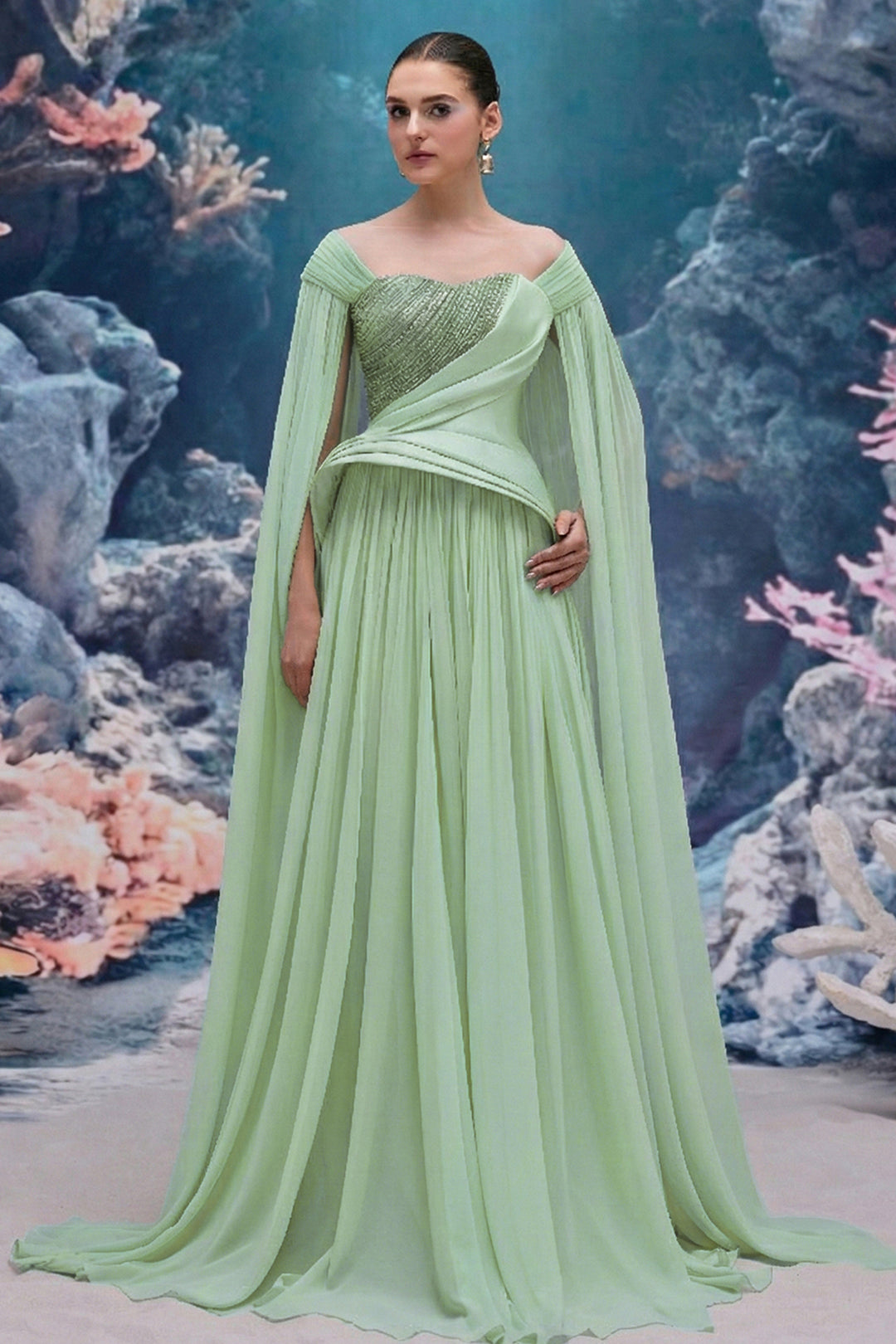 Asymmetrical Draped Taffeta Dress with Crystal Strand