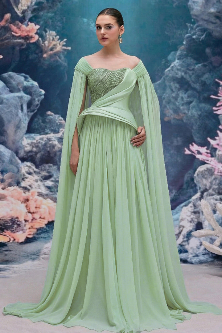 Asymmetrical Draped Taffeta Dress with Crystal Strand