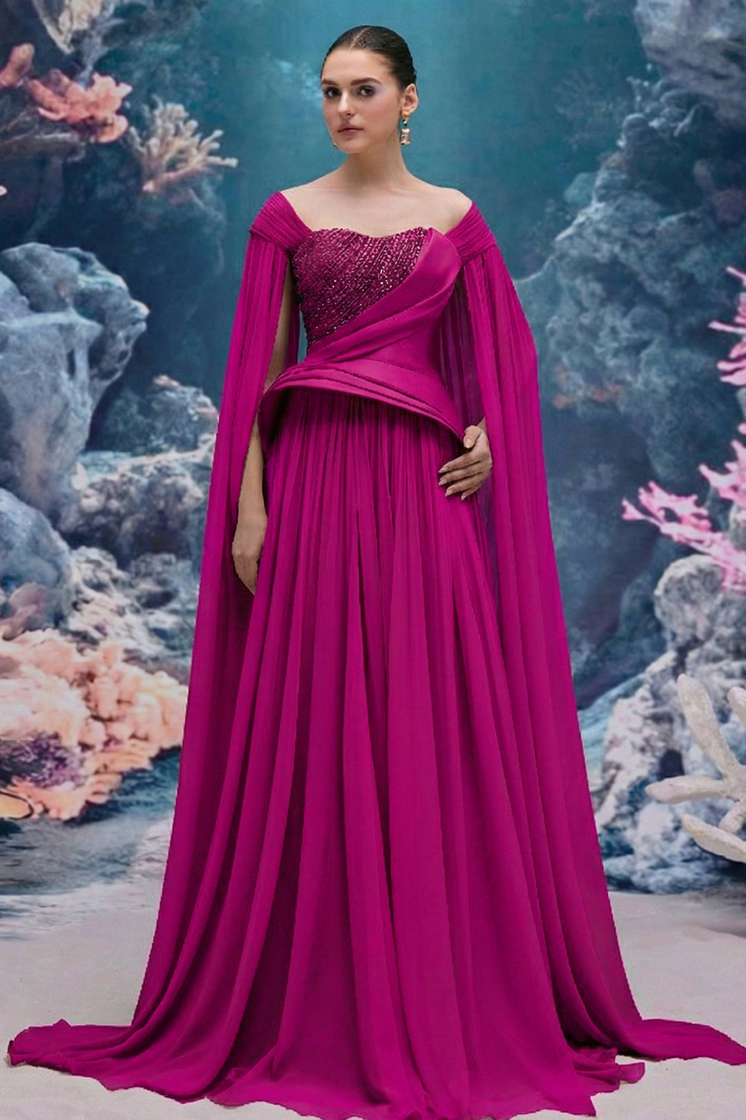 Asymmetrical Draped Taffeta Dress with Crystal Strand