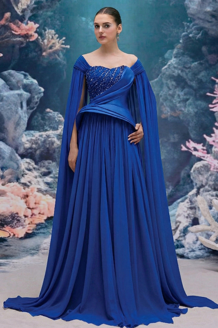 Asymmetrical Draped Taffeta Dress with Crystal Strand