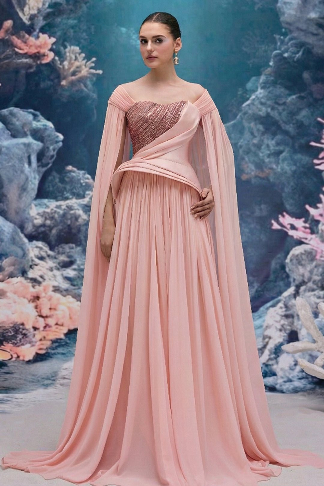 Asymmetrical Draped Taffeta Dress with Crystal Strand