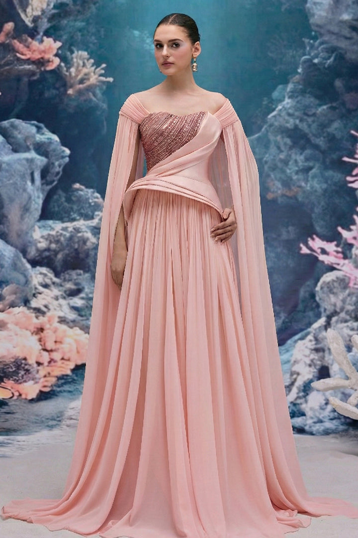 Asymmetrical Draped Taffeta Dress with Crystal Strand