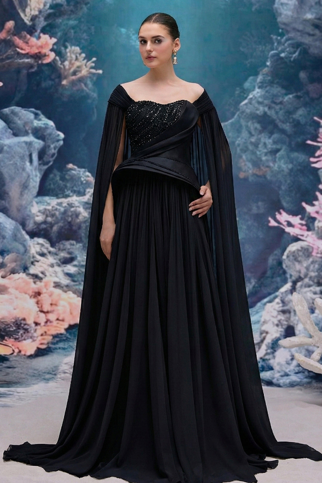 Asymmetrical Draped Taffeta Dress with Crystal Strand