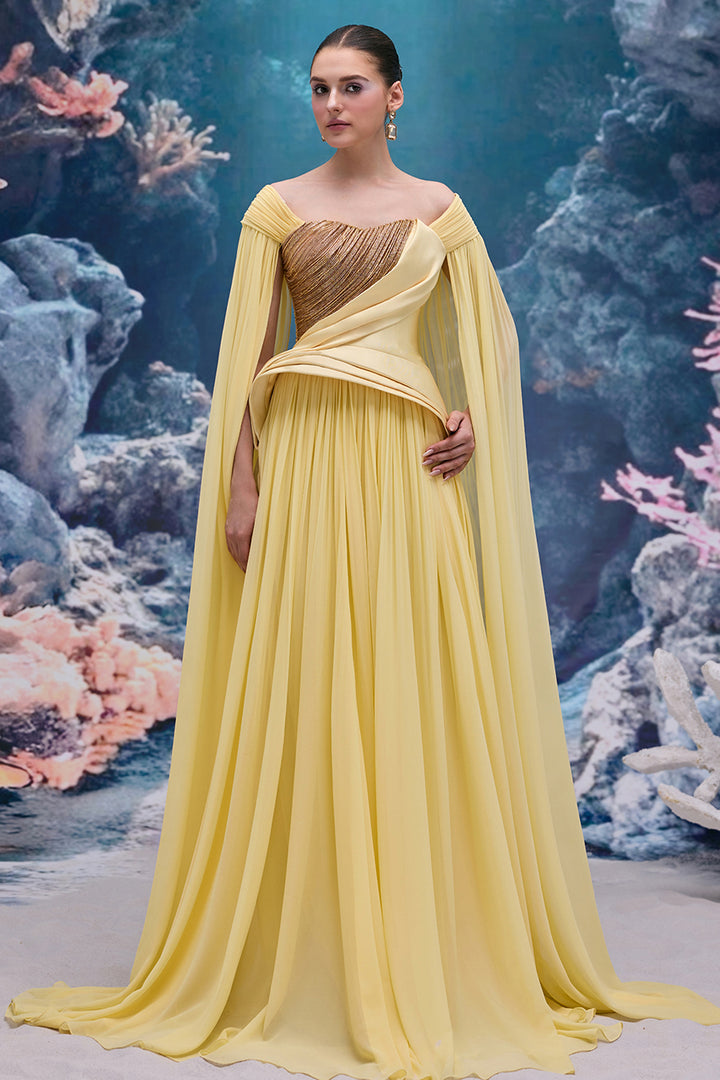Asymmetrical Draped Taffeta Dress with Crystal Strand