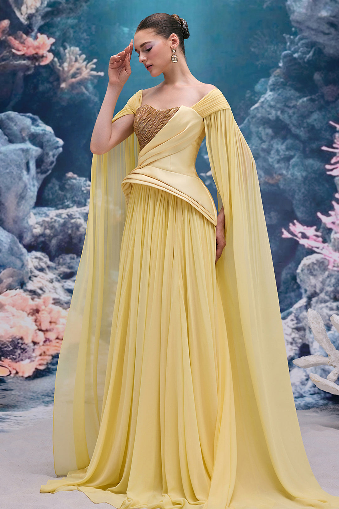 Asymmetrical Draped Taffeta Dress with Crystal Strand