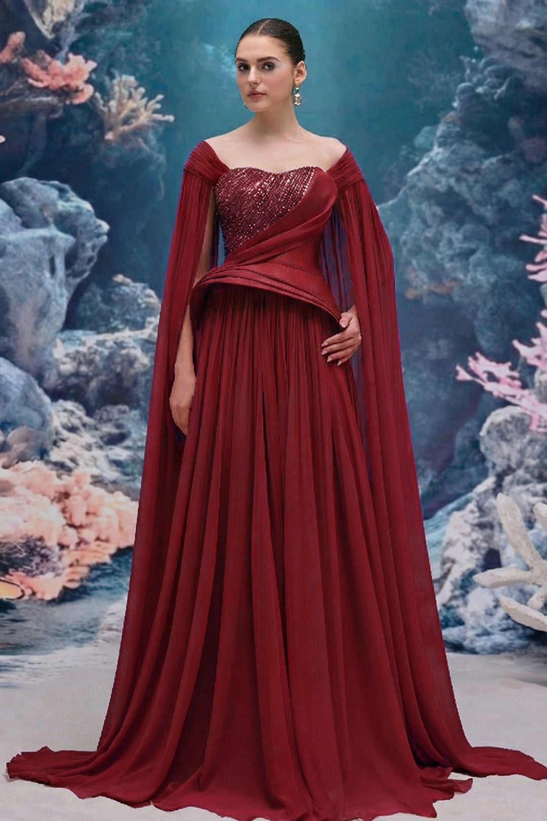 Asymmetrical Draped Taffeta Dress with Crystal Strand