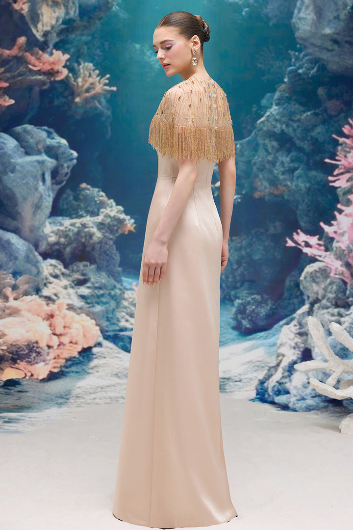 Silk Taffeta and Tulle Dress with Embellished Fringe Cape