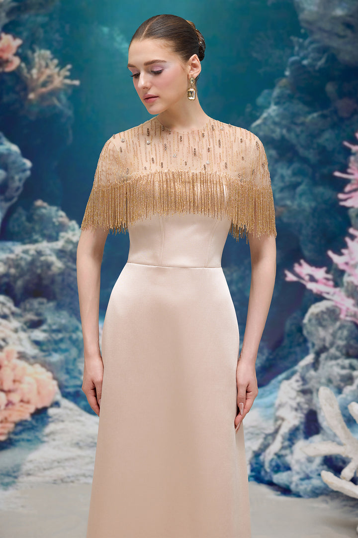 Silk Taffeta and Tulle Dress with Embellished Fringe Cape