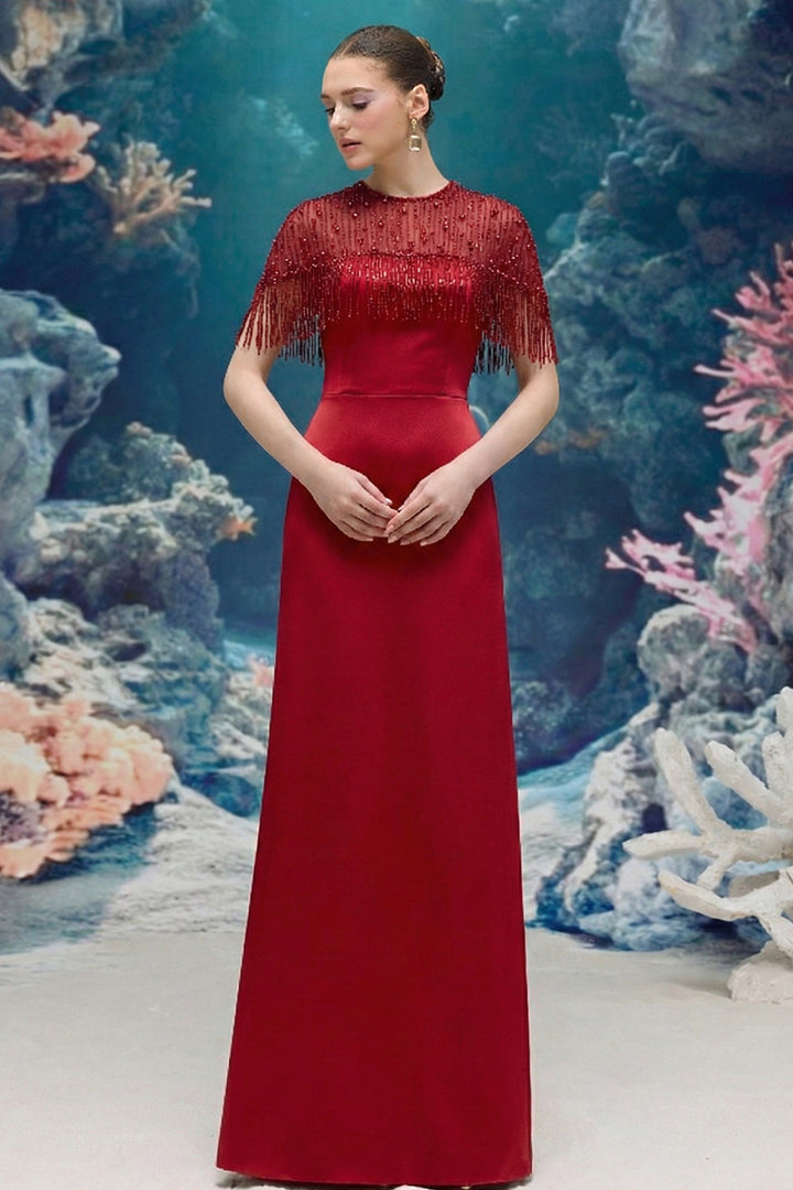Silk Taffeta and Tulle Dress with Embellished Fringe Cape