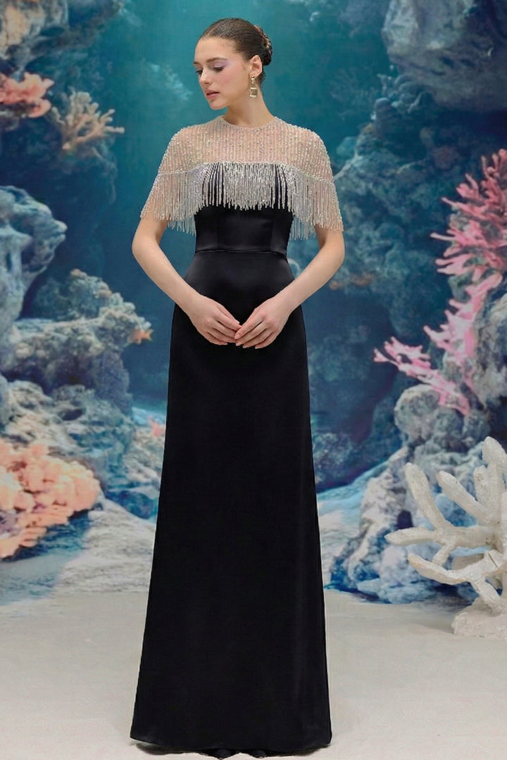 Silk Taffeta and Tulle Dress with Embellished Fringe Cape