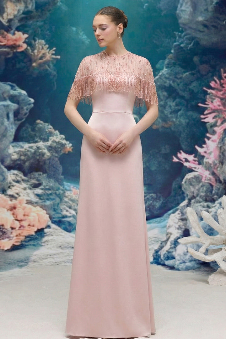 Silk Taffeta and Tulle Dress with Embellished Fringe Cape
