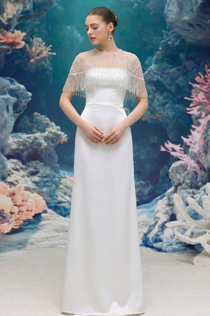 Silk Taffeta and Tulle Dress with Embellished Fringe Cape