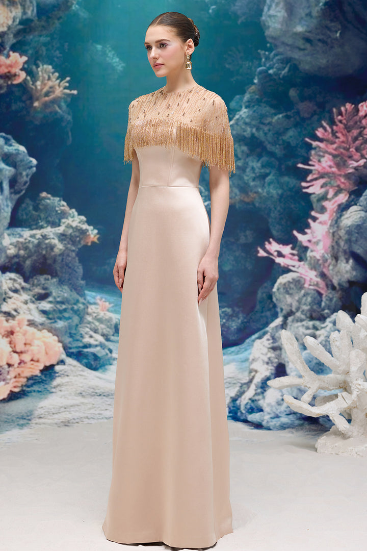 Silk Taffeta and Tulle Dress with Embellished Fringe Cape