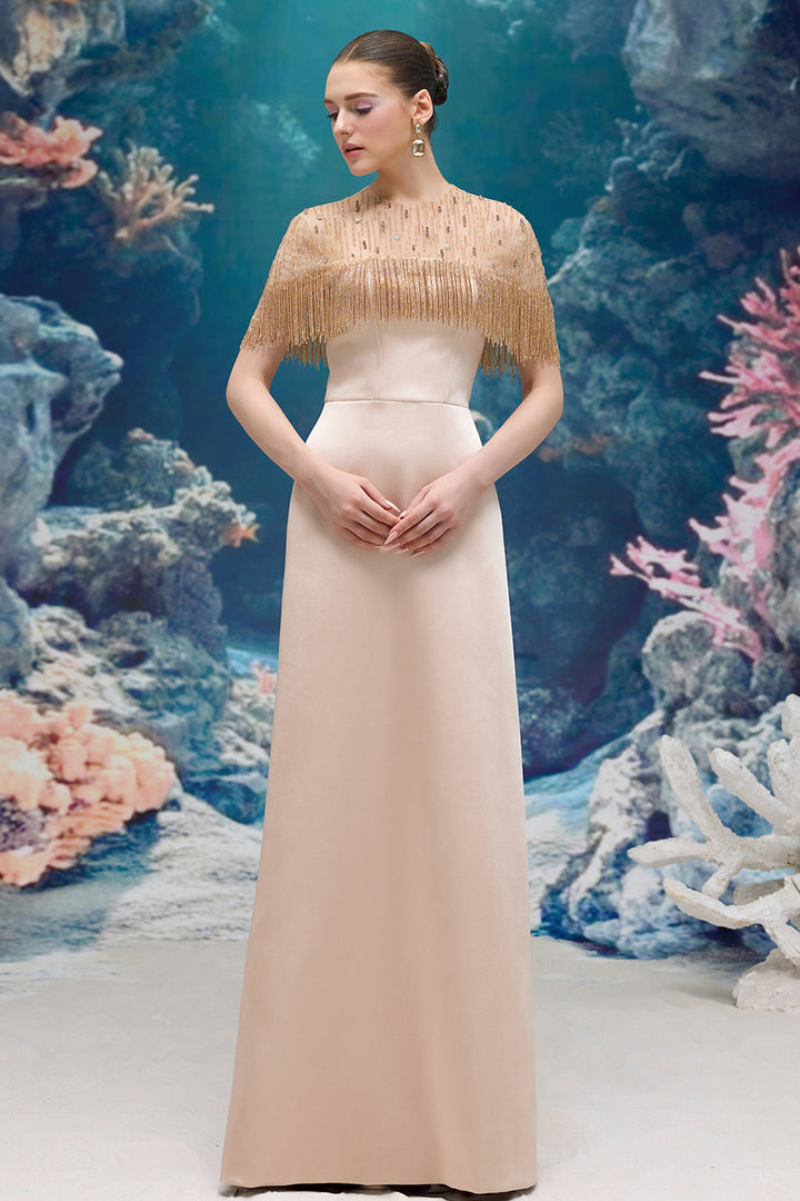 Silk Taffeta and Tulle Dress with Embellished Fringe Cape