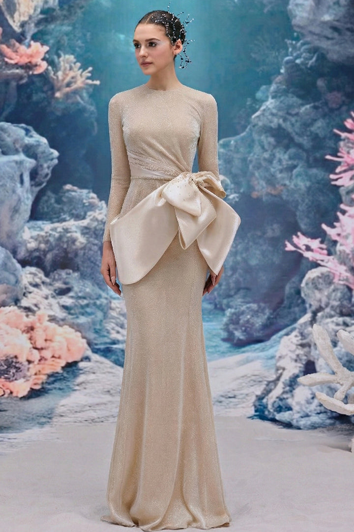 Long-Sleeved Satin Bow Dress