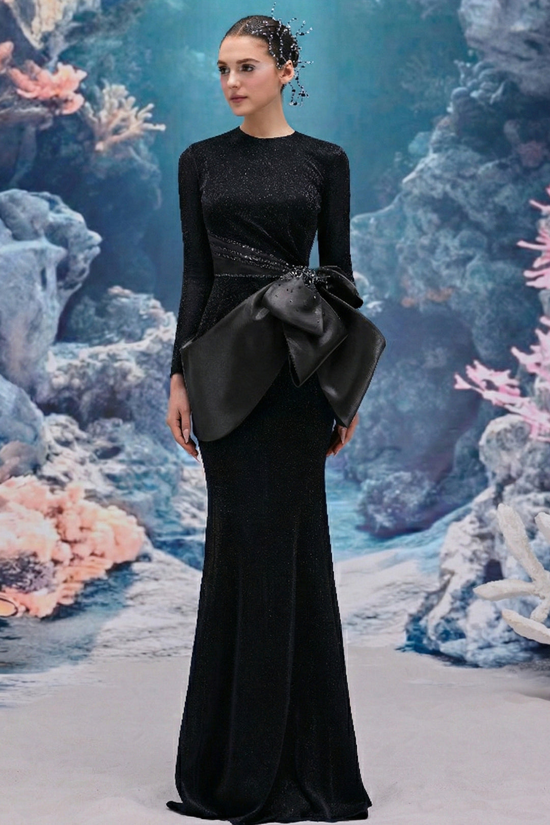Long-Sleeved Satin Bow Dress