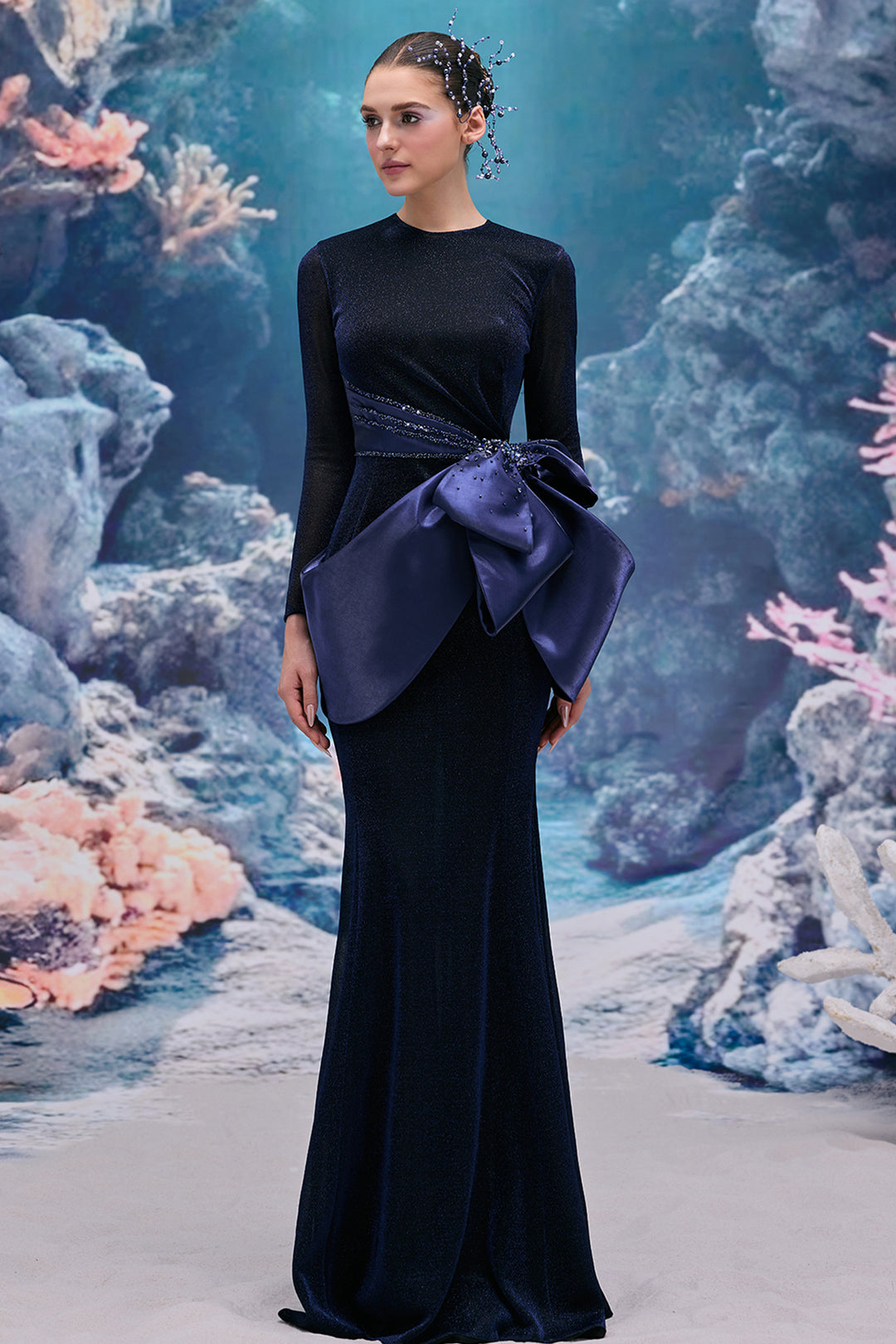 Long-Sleeved Satin Bow Dress