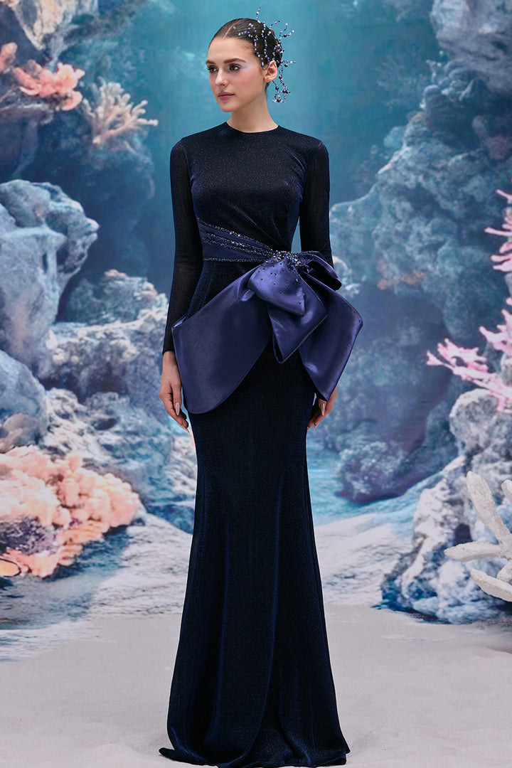 Long-Sleeved Satin Bow Dress