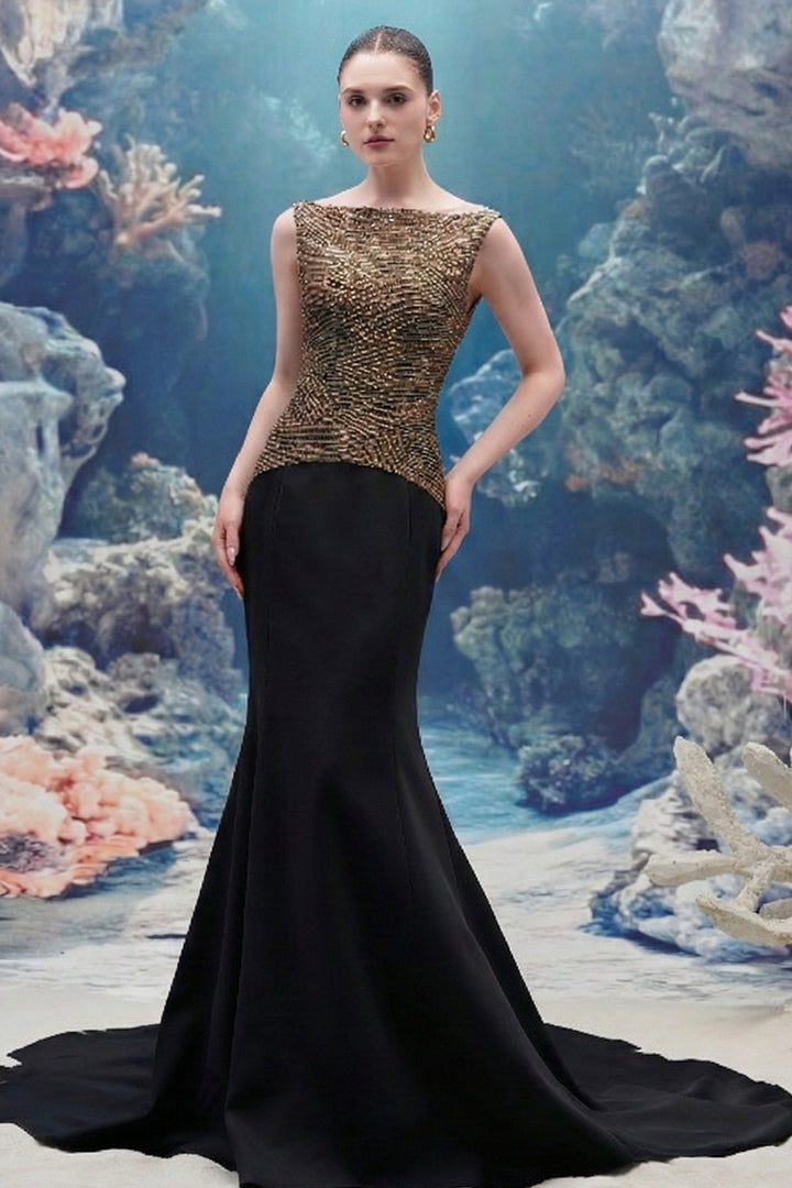 Crystal 3d Floral Motif Crepe Column Dress