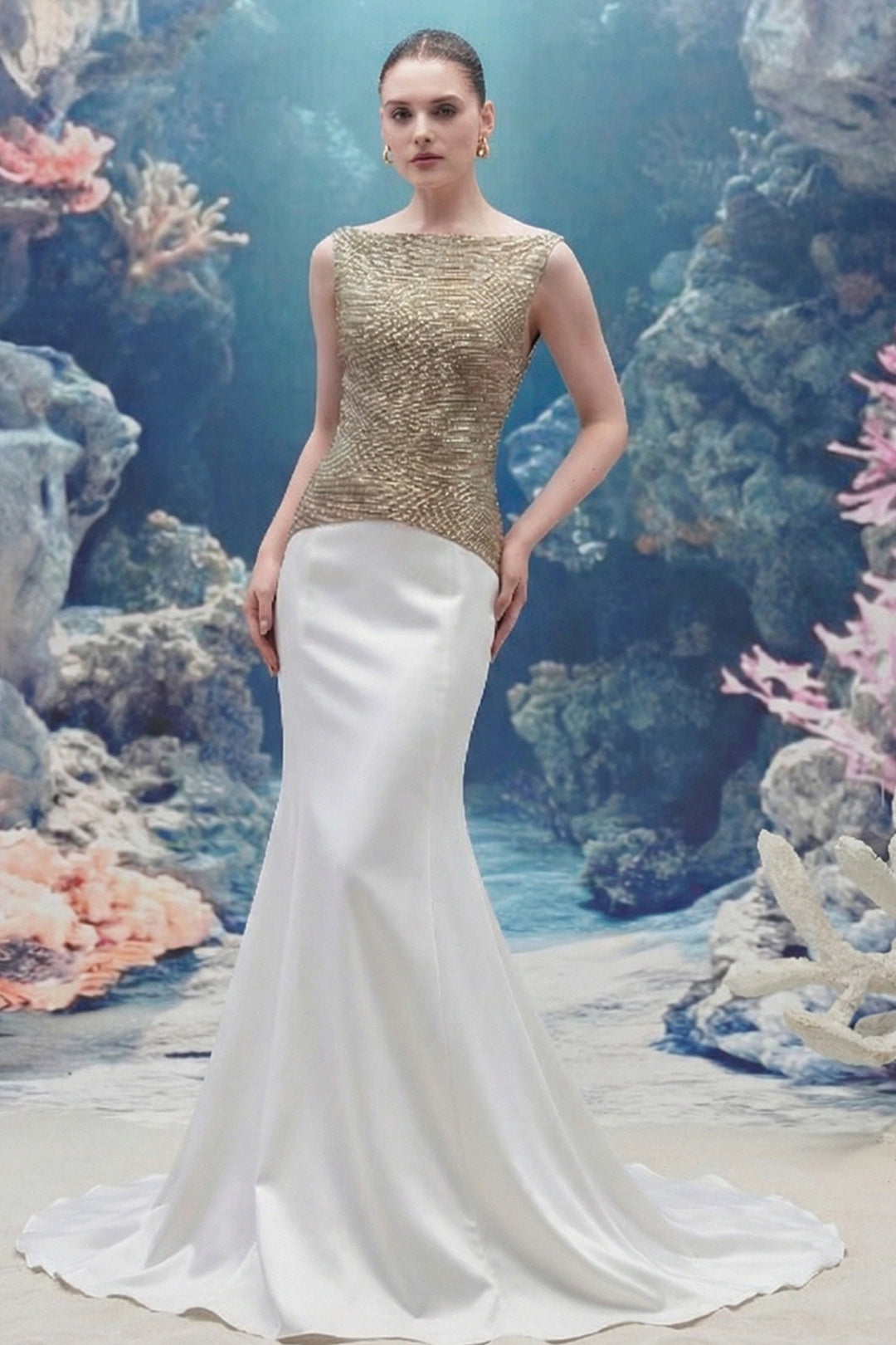 Crystal 3d Floral Motif Crepe Column Dress