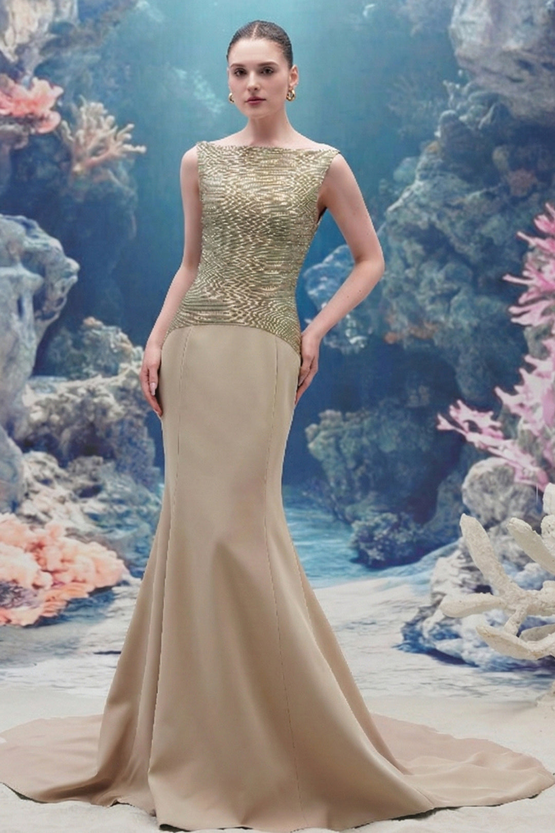 Crystal 3d Floral Motif Crepe Column Dress
