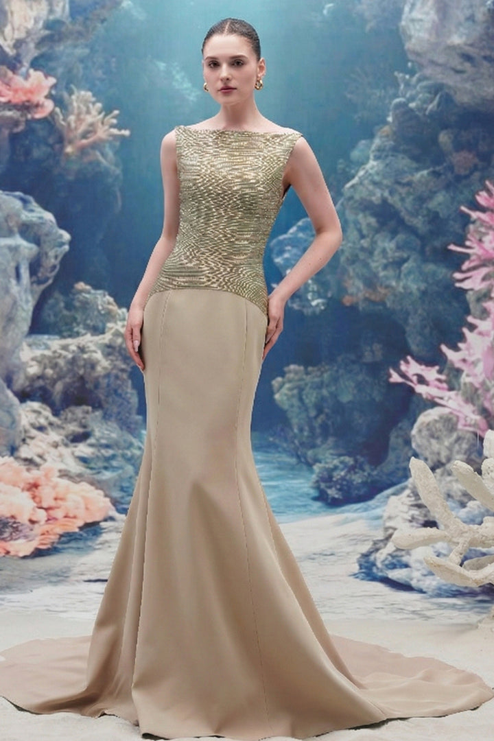Crystal 3d Floral Motif Crepe Column Dress