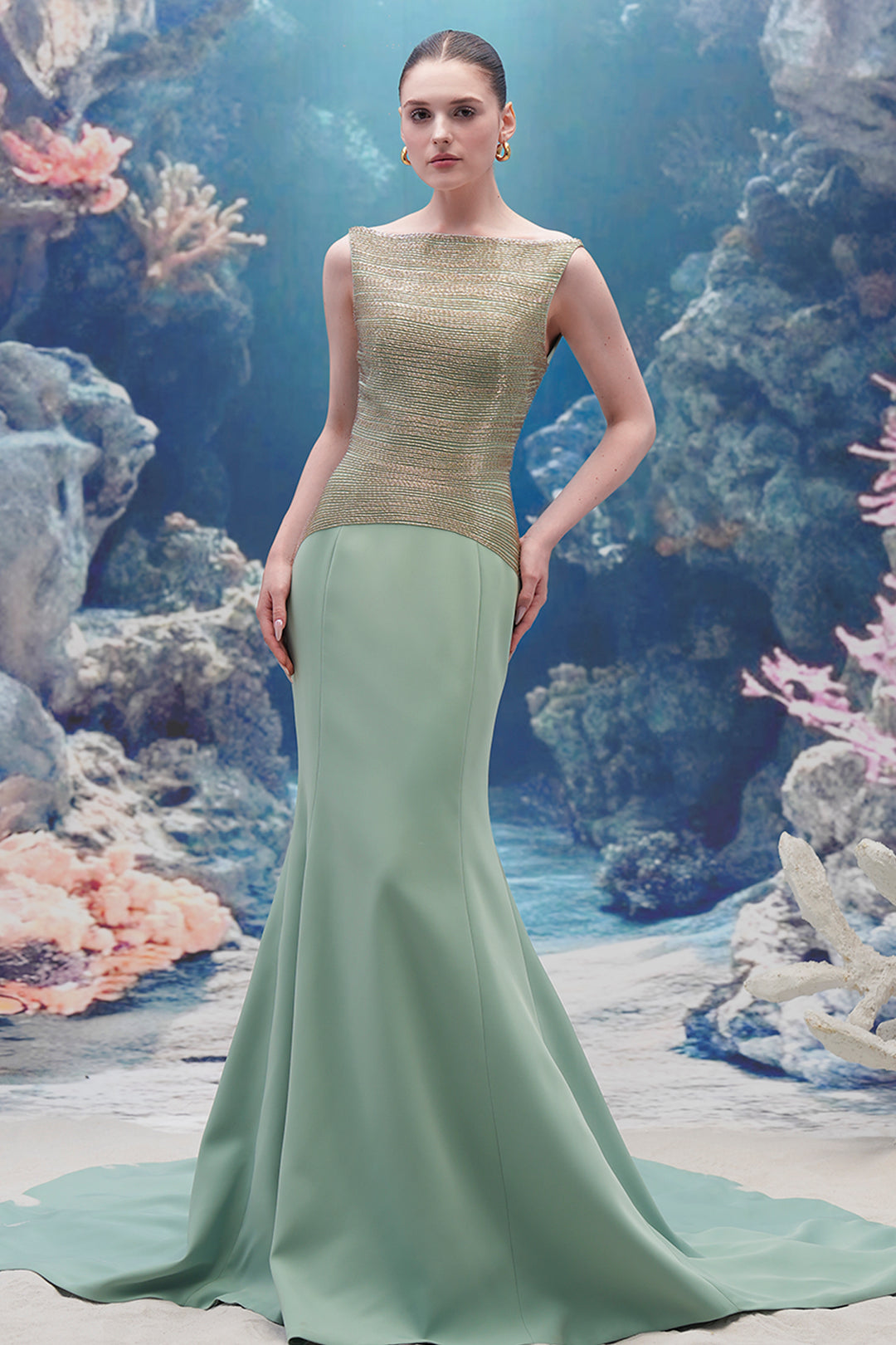 Crystal 3d Floral Motif Crepe Column Dress
