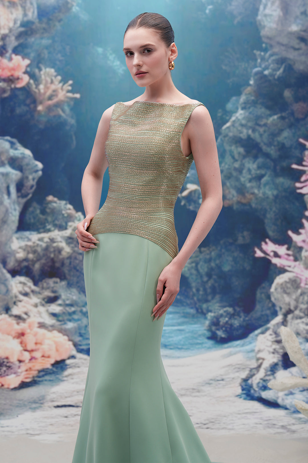 Crystal 3d Floral Motif Crepe Column Dress
