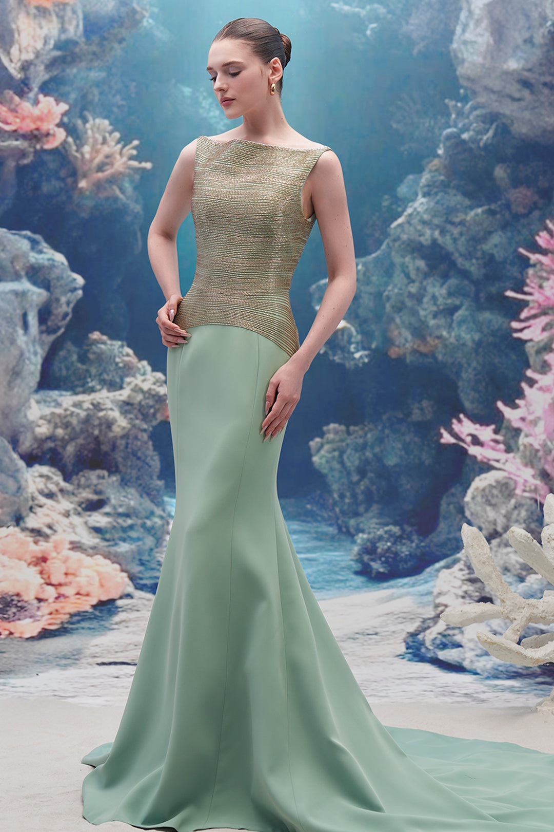 Crystal 3d Floral Motif Crepe Column Dress