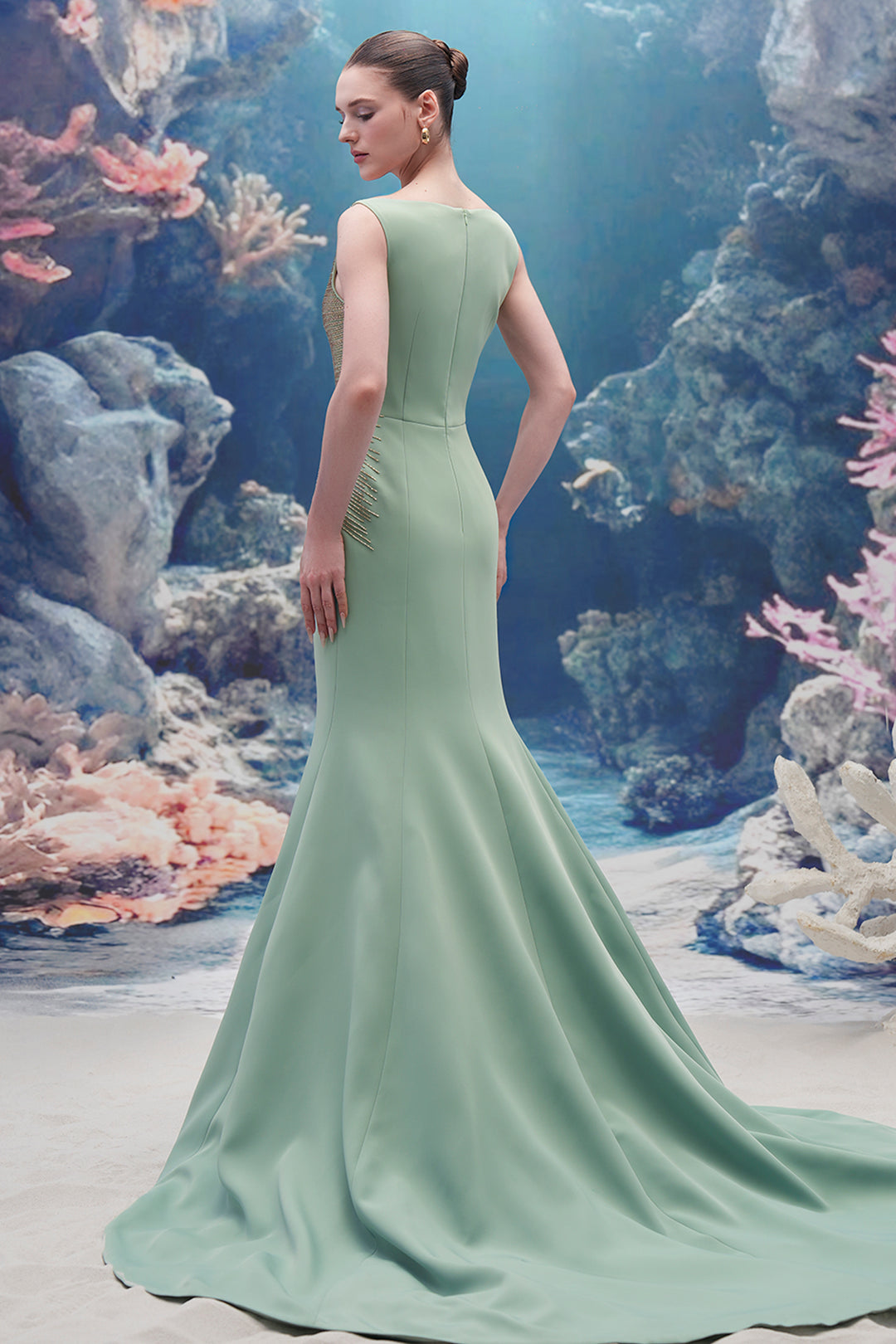 Crystal 3d Floral Motif Crepe Column Dress