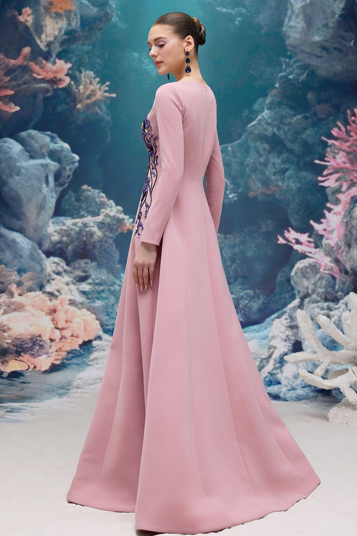Embroidered V-neck Flared Crepe Dress