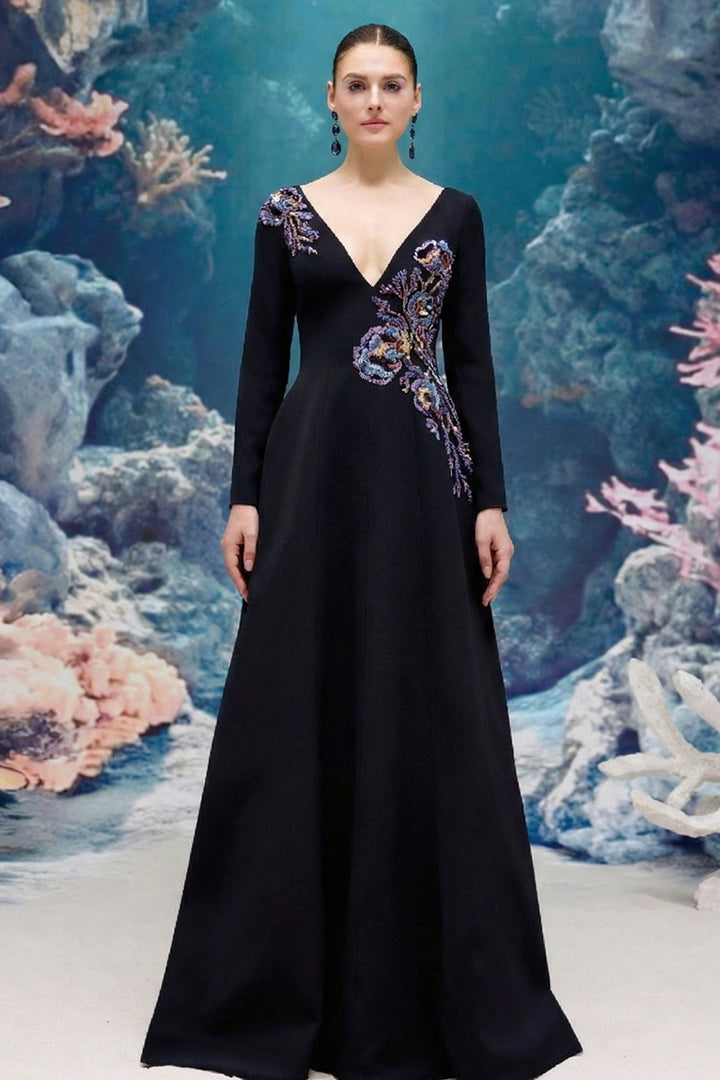 Embroidered V-neck Flared Crepe Dress