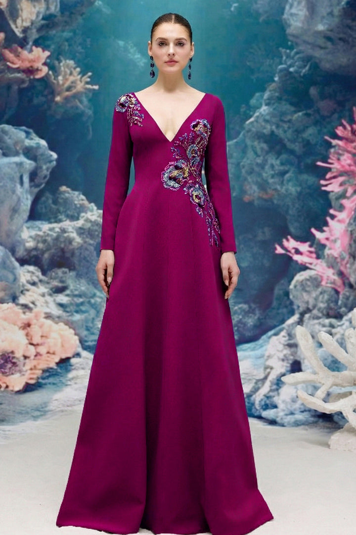 Embroidered V-neck Flared Crepe Dress