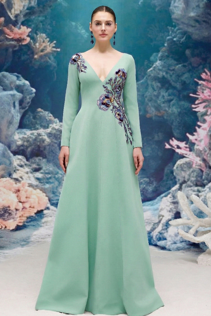 Embroidered V-neck Flared Crepe Dress