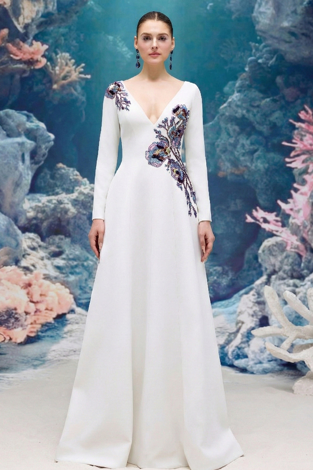 Embroidered V-neck Flared Crepe Dress