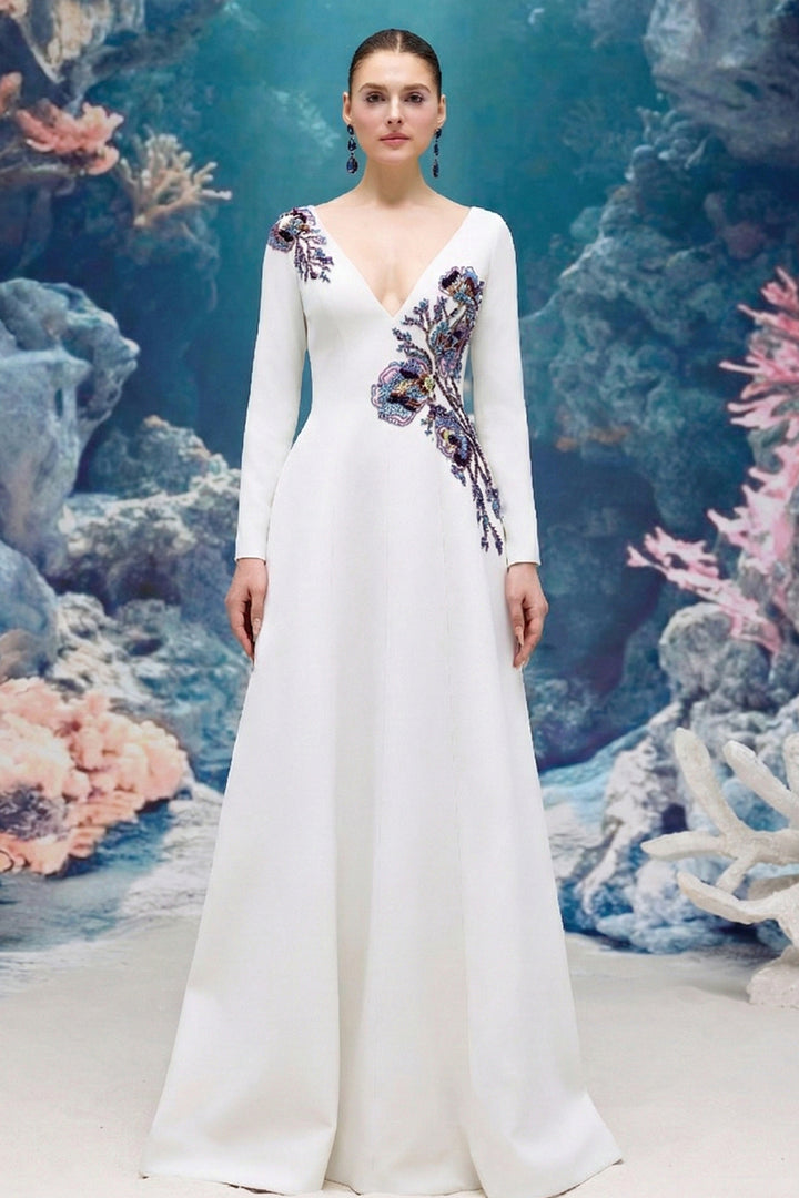 Embroidered V-neck Flared Crepe Dress
