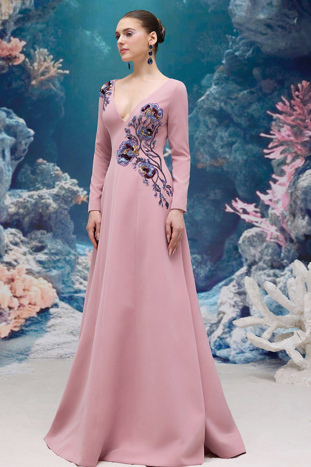Embroidered V-neck Flared Crepe Dress
