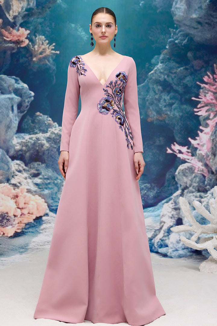 Embroidered V-neck Flared Crepe Dress